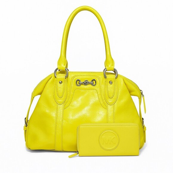 Michael Kors Yellow Patent Leather Satchel Bag With Silver Hardware & Matching W - Picture 1 of 15